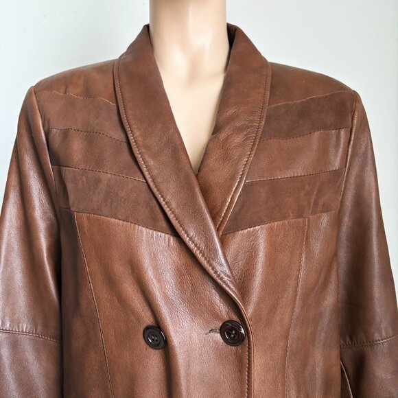 VIVA Brown Leather Jacket Made in Finland Size 44 Retro 80s Double Breasted - Picture 4 of 8